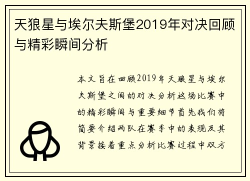 天狼星与埃尔夫斯堡2019年对决回顾与精彩瞬间分析